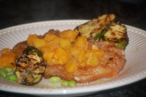 Pork Chops cooked with Peach Chutney